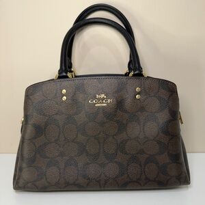 Coach Brown Signature Satchel with Black Handles and Gold Hardware